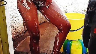 Outdoor Bathing My Pregnant Girlfriend in Dirty Environment