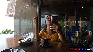 Cute Thai teenage eats cake and rides knob