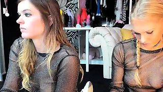 Blonde Brunette Lesbians Playing On Bed