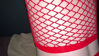 Massive Boobs Pregnant Girl in Red Mesh Rides Cock Then Doggy Fuck