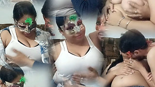 Masked Desi Group Orgy Wild Kiss Boobs Play in Masquerade Party Homemade Fun