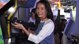 Blue eyed girl sucks off in a public restroom and I fuck her at the slot machines