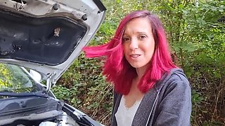German redhead Malou-Nu gets car sex help with roadside blowjob and doggystyle fuck