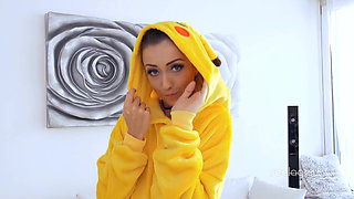 Amazing sexy Pikachu enjoys spreading her wet shaved wide hole
