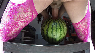 trans fucking a watermelon and cum