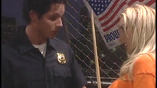 Busty blonde gets her asshole fingered and pool stick shoved in her pussy