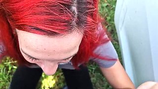 German Redhead Teen Cheats in Public Car Sex - Outdoor Doggystyle Creampie