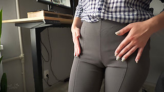 Naughty Secretary Seduces You with Her Cameltoe in Tight Trousers