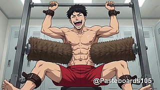 Strapped To The Frame - Brush Cylinders On His Bare Armpits (2D Anime Bara)