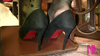 Vintage_sewing on My Granny's Old Sewing Machine in Black Pantyhose and Suede Louboutins