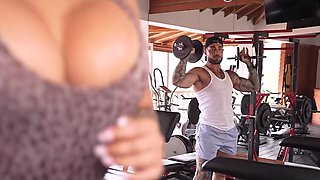 Tattooed brunette met a hot guy in the gym, then went home with him and got fucked there