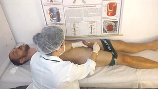 Nurse Jennyferpimenta gives her first handjob to big erect cock patient
