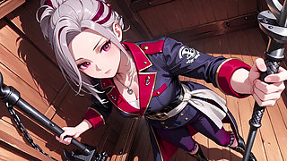 Silver-Haired Pirate Queen! Sun-drenched ship cabin, navy uniform slightly damp, kneeling with a teasing gaze.