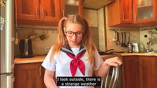 Young Beauty in Japanese College Uniform Masturbates in the Kitchen and Chats with You