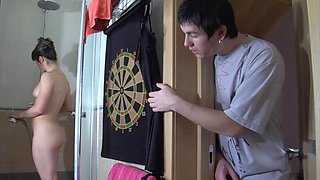 Mature fucks a young guy in his shower: Blowjob, Cowgirl  Amateur Porn