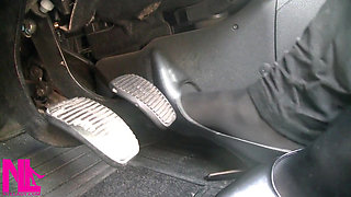 Pedal Pumping in Black Pantyhose and Grey Patent High Heels