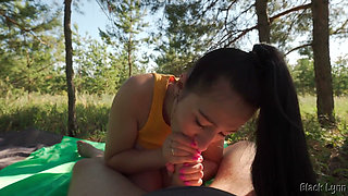 PAWG Brunette Sucks and Rides on Cock Outdoors - POV - Cum on Big Ass