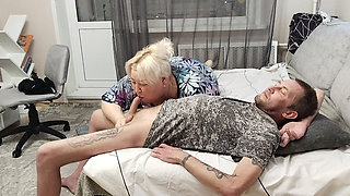 Mother-in-law swallows cum after deep blowjob