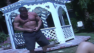 Neighbour hunk comes over to horny blonde's house and they fuck by the pool
