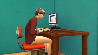 Asian stepmother catches her stepson again fingering in his room watching a porn movie in front of the computer and she determined to help him by having sex with him