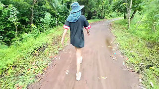 Thai Girl Walking Showing Along the Side of the Field Road in the Countryside Thai Outdoor Public