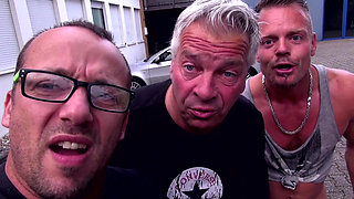 Big ass brunette enjoying in hard threesome outdoor fuck