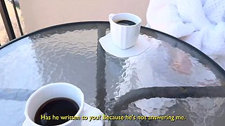 While waiting for her husband, ginger slut sucks off and fucks his friend