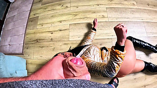 Golden Glossy Downjacket POV. Deepthroat, Face Fuck and Double Cum on My Jacket