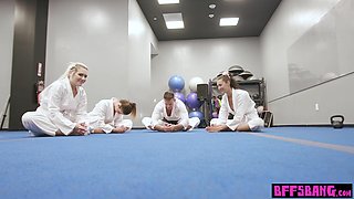 Teen karate hotties fighting on big cock