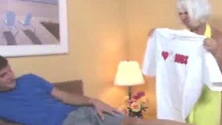 Grandma Jennie Lou catches Billys t shirt while doing