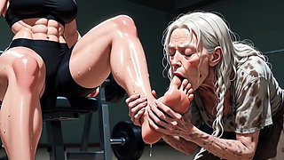 Elderly Granny Worshipping Muscular Domme Feet in Gym