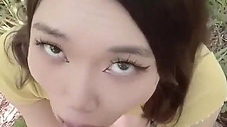 Outdoor Blowjob, Petite Asian Stepsis Deepthroat in Nature!