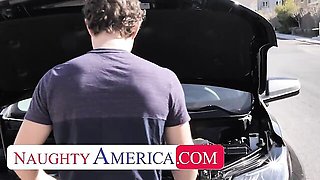 After Her Car Breaks Down, a Blonde Neighbor Takes a Creampie on the Couch