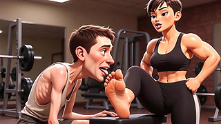 Strong Muscular Woman Makes Skinny Slave Lick Her Feet