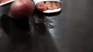 Only Asian Crush white sandals footjob on cockbox cum