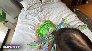 Tinker Bell gives her neighbor a deep blowjob until his face is covered in cum