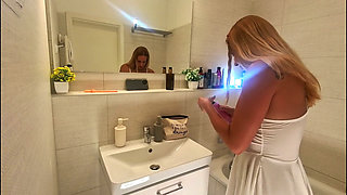 Beautiful Yoga Teacher Hot Blonde in a Half Transparent Mini Dress Goes Full Naked in the Bathroom