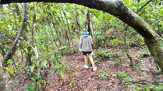 Thai Girls Walking and Talking and Picking Mushrooms in the Forest, Secretly Showing in the Deep Forest Clear Thai Voice