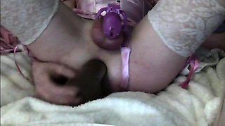 Sissy in Pink Rides a BBC Dildo