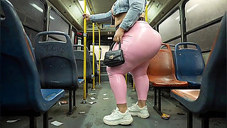 Balaclava BBW Gets Ass in Tight Shiny Pink Pants - Public Bus