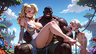 Old Granny Humiliated Licking Young Woman Feet - Sitting on Muscular Black Bull Lap