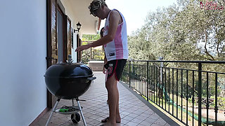 Distressed Stepaunt Seduces and Fucks Virgin Stepnephew to Convince Him to Help Her with the Bbq Before the Guests Arrive