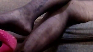 Black Nylon Pantyhose Dangling Hot Pink Heels