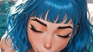 Alternative blue-haired AI girl gives a blowjob and gets cum in her mouth