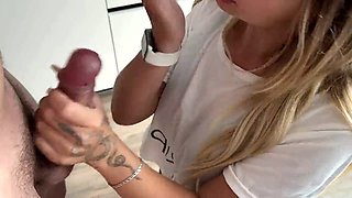 My stepsister catches me and gives a hand to help me finish