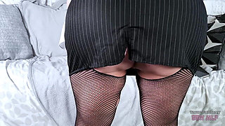 Sexy Secretary - BBW Mature MILF with Huge Tits Strips Her Uniform and Plays with Her Hairy Pussy (fishnets Heels Ass Cunt)