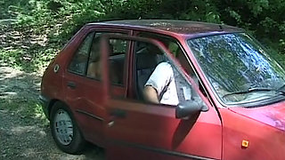Beautiful German blonde doll fucked in nature by three horny guys