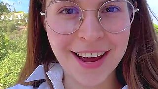 Sexy German dark-haired babe with meaty funbags drains her