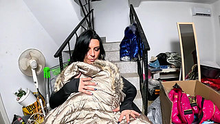 Dominant MILF Fur Hooded Downjacket Masturbation. Spandex Cameltoe, Smoking and Orgasm