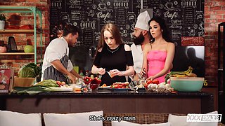 Angel Rush Sizzles in Fiery Kitchen Threesome Passion